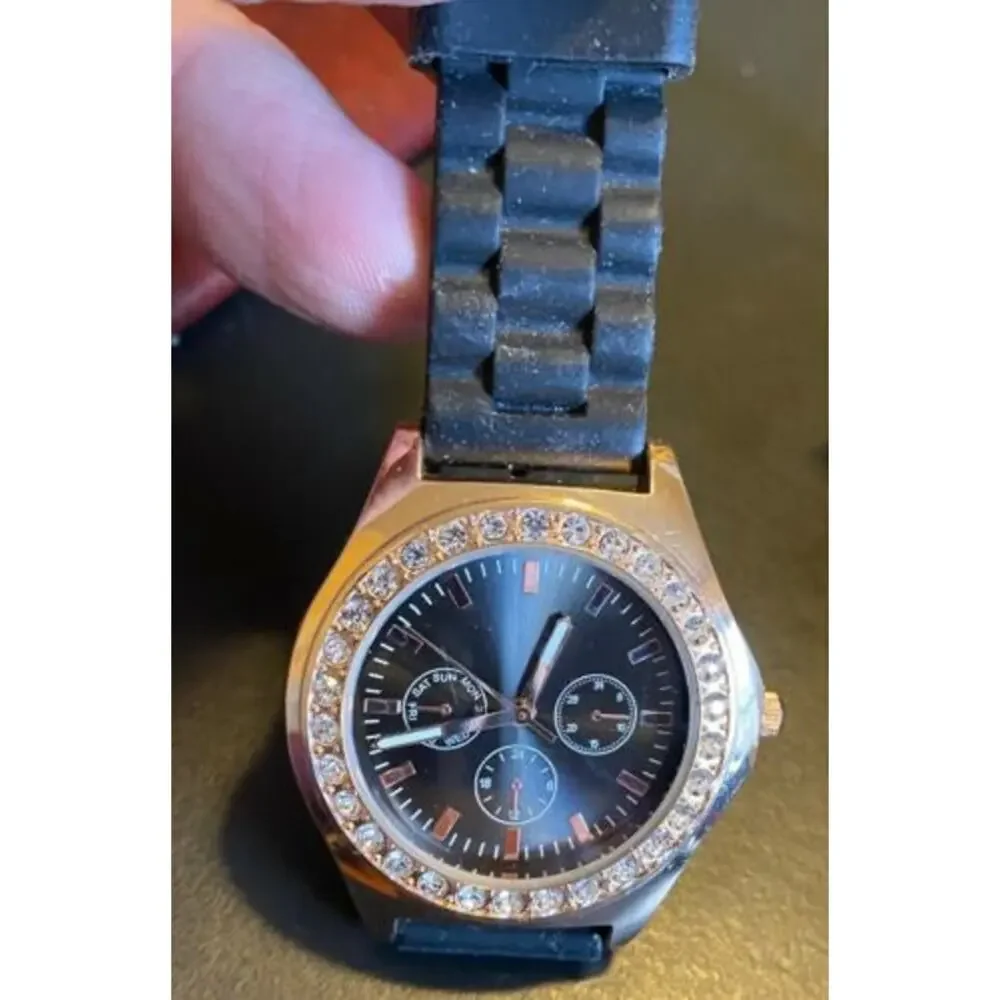 Women's Rose Gold Tone Claire's watch, Black Poly Band Crystal Accents